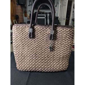 BRIGHTON Woven Rita Bag Jute Tri color Leather handles silver accents Charms EUC